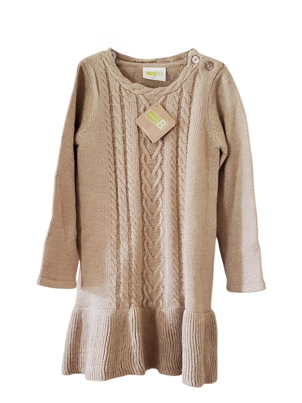 Gymboree Beige Cable Knit Ruffle Hem Dress With Gold-color Woven Through It